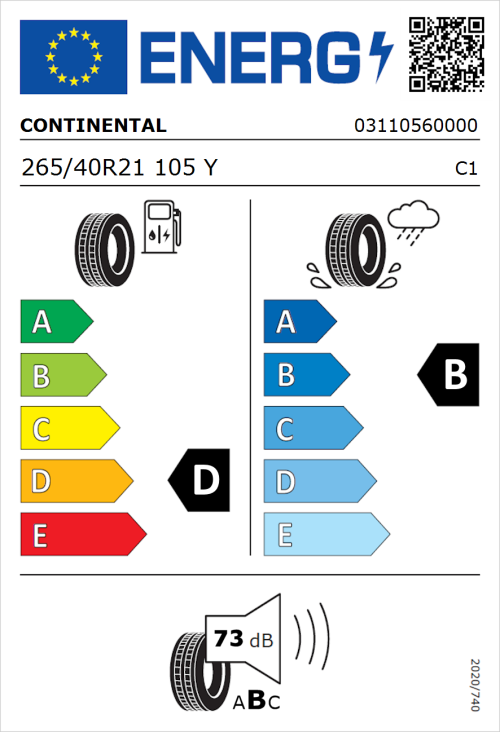 Tyre Label for Continental SportContact 6 265/40R21 105Y