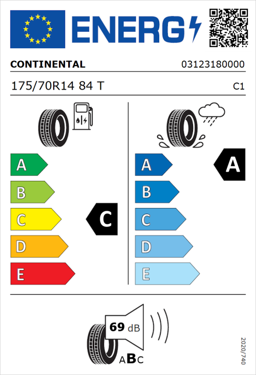 Tyre Label for Continental UltraContact 175/70R14 84T