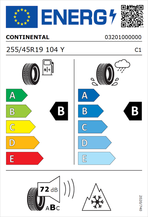 Tyre Label for Continental AllSeasonContact 2 255/45R19 104Y