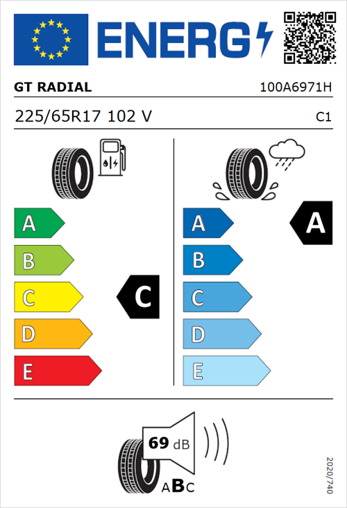Tyre Label for GT Radial FE2 Evo 225/65R17 102V